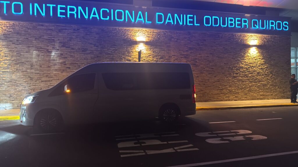 Gypsy Cab Nosara shuttle waiting for a night pickup at Liberia Airport for a Liberia Airport to Nosara shuttle transfer.